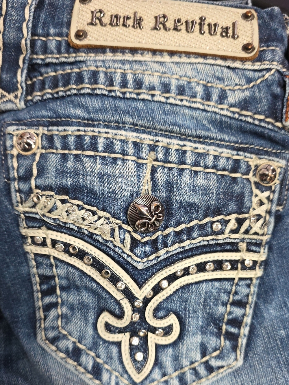 Rock Revival Blue Distressed Midrise Embroidered Denim Bootcut Jeans Size 26